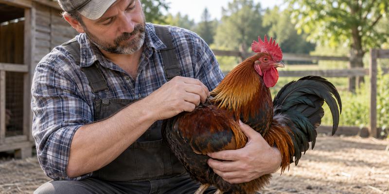 Farmer gently examining healthy rooster feathers under soft natural morning sunlight.